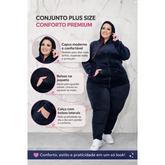 Conjunto Feminino Plus Size G2 e G3 Moletom Peluciado Conforto Premium Com Capuz Oferta
