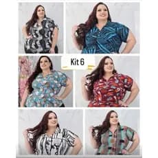 Kit 6 Camisas Polo Plus Size Feminina G2 ao G4 Não Amassa Caimento Perfeito Estampa Aleatória - Atacado