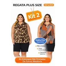 Kit 2 Regatas Plus Size Feminina G2 ao G4 Malha Fria Conforto Premium Não Amassa Estampa Aleatória