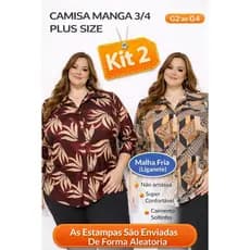 Combo 2 Camisa Feminina Plus Size G2 ao G4 Manga 3/4 Malha Fria Não Amassa Conforto Premium Estampa Sortida