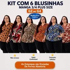 Kit 6 Blusas Manga 3/4 Plus Size Feminina G2 ao G4 Estampada Malha Fria Leve Promoção Shopee Atacado