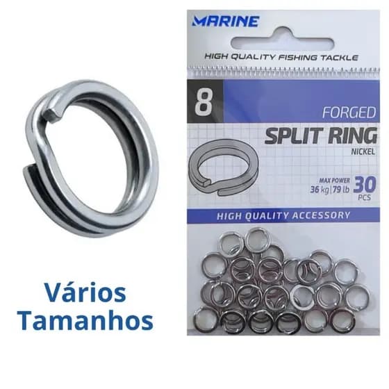 Argola Split Ring p/ Isca Artificial, marca Marine Sports cor Nickel, aço Inox, com 30 e 60 unidades