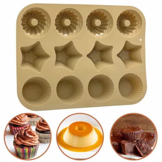 Assadeira De Silicone 12 Cavidades Para Cupcake Com 3 Moldes Doces Empadas Gelatina Creme