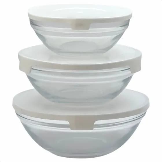 Kit Potes De Vidro 3 Peças Tigelas Com Tampa De Plástico Organizador Alimentos - Branco