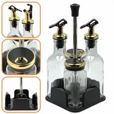 Kit Galheteiro De Mesa Vidro 4 Peças Azeiteiro Pimenteiro Saleiro Vinagre Palito - Preto