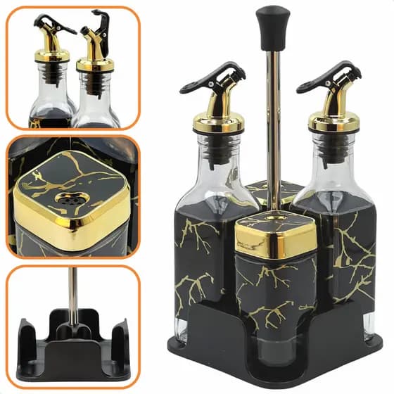 Kit Galheteiro De Mesa Vidro 4 Peças Azeiteiro Pimenteiro Saleiro Vinagre Palito - Preto Mármore