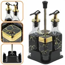 Kit Galheteiro De Mesa Vidro 4 Peças Azeiteiro Pimenteiro Saleiro Vinagre Palito - Preto Mármore