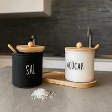 Saleiro e Açucareiro com Colher e Bandeja de Bambu Preto e Branco Porta Condimentos Elegante para Cozinha