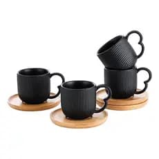 Conjunto de Chá Oásis Preto 190ml com 4 Xícaras e Pires em Cerâmica – Design Moderno e Elegante