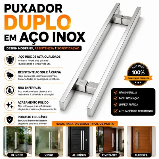 Puxador Inox 304 Duplo 60cm Barra Larga Polido Preto Portas Vidro Madeira Alumínio pivotante