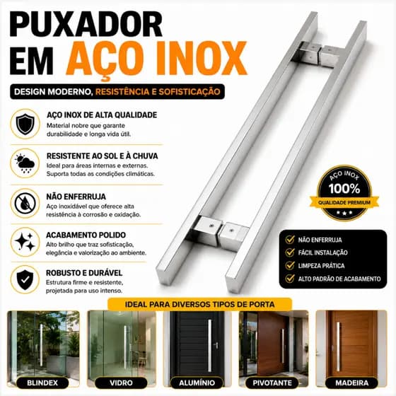 Puxador 30Cm Inox 304 Duplo Barra Larga Polido Preto Portas Vidro Madeira Alumínio pivotante