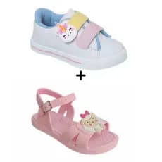 kit tenis infantil menina mais sandália infantil emborrachada casual branco calçado infantil feminino