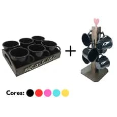 Kit Bandeja + Suporte de Xícaras + 12 Xícaras em Acrilíco Cozinha Cantinho do Café