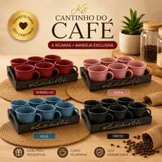Kit Bandeja + 6 Xícaras Escolha a Cor Cantinho do Café Chá