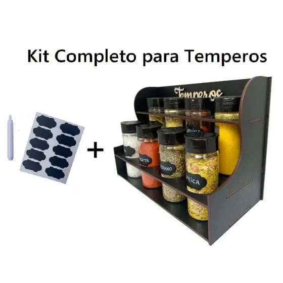 Kit Porta Tempero Mesa + 8 Potes +  Etiquetas c/ Caneta Giz - Jogo Completo para Temperos Cozinha