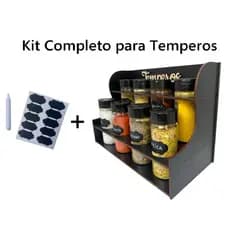 Kit Porta Tempero Mesa + 8 Potes +  Etiquetas c/ Caneta Giz - Jogo Completo para Temperos Cozinha