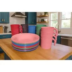 Kit Pratos Fundos Redondos + Canecas Empilhável Reutilizável Lanche Refeições