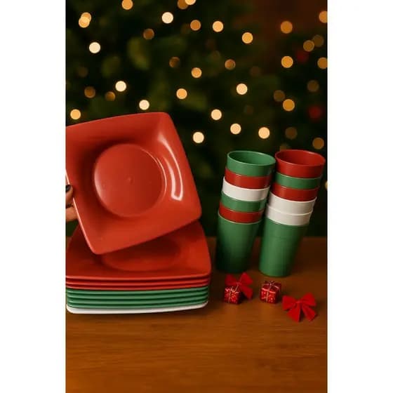 Kit Natal 15 Pratos Quadrados + 15 Copos 300ml Reutilizável Mesa Natalina - Lanche, Refeições