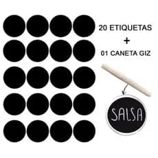 20 Etiquetas Adesivo 3,5cm Redondo Preto Para Porta Tempero Condimentos + 1 Caneta Giz Branca Liquida