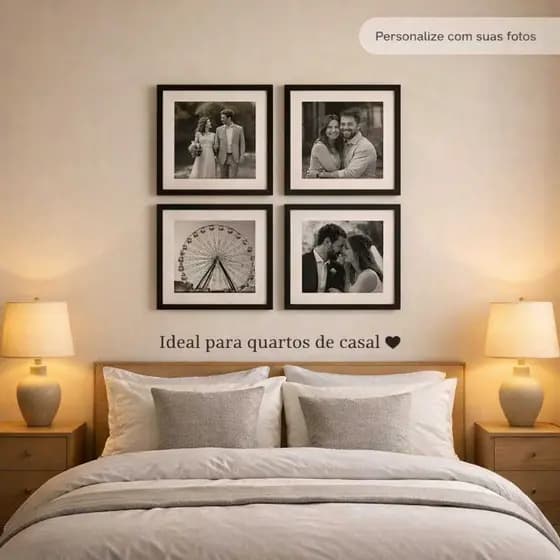 Kit 4 Quadros Personalizados com Suas Fotos – Preto e Branco Decorativo Sala Quarto