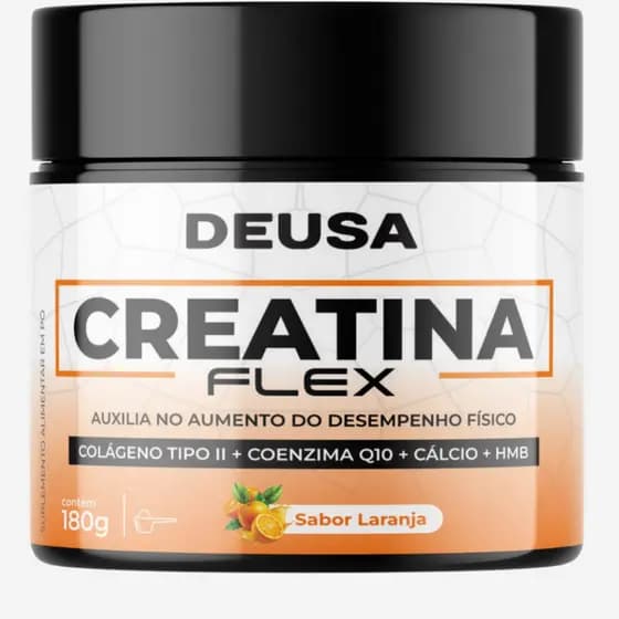 Creatina Flex Deusa 180g Sabor Laranja com Cálcio HMB Colágeno Tipo II Coenzima Q10 Zero Açúcar