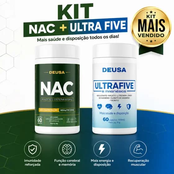 Kit Deusa Magnésio 5Mag + NAC Antioxidante - 60 Cápsulas por Pote - ENERGIA, IMUNIDADE E PROTEÇÃO CELULAR