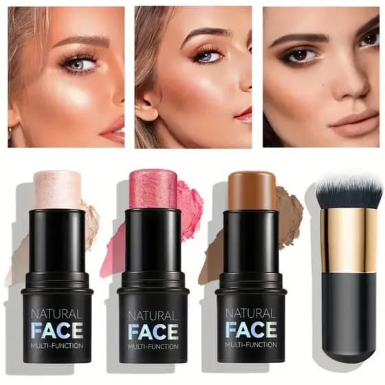 Bastão De Contorno De 4 Unidades , Iluminador , Conjunto De Blush Com Pincel Para Facial , Efeito Não Gorduroso , À Prova D'água E De Longa Duração Maquiagem