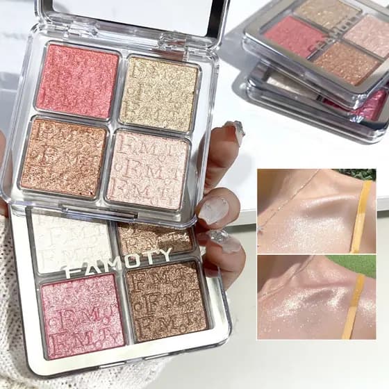 Paleta De Iluminador Facial De 4 Cores , Pó Assado Suave Com Brilho Perolado , Maquiagem Iluminadora Brilhante E Duradou