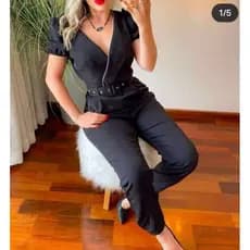Macacão Longo Feminino em Alfaiataria Cinto Decote V Manga Longa Moda feminina