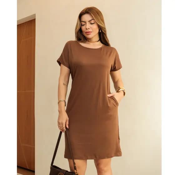 Vestido Curto Feminino Liso Malha Fria Bolso Elegante Casaul Moda Verão 3RD SD1288