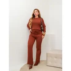 Conjunto Feminino de Tricot Canelado Blusa Manga Longa Calça Pantalona Elegante Modal Inverno Elegante 3RD SD2018