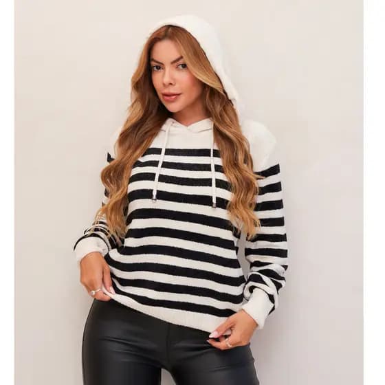 Blusa Feminina Tricot Listrado com Capuz Manga Longa Confortável Moda Inverno 3RD SD3014