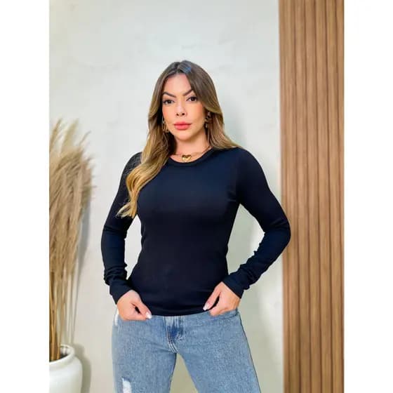 Blusa Básicas Feminina Canelado Poliamida Gola Redonda Liso Inverno 3RD SD1130