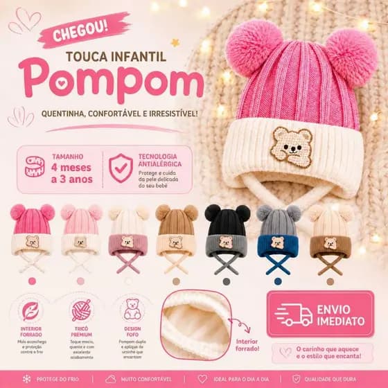 Gorro/Touca Infantil Pompom Forrada Inverno Quentinha | Bebê Menino e Menina | Gorro de Lã Térmica