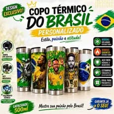 Copo Térmico Brasil Copa 500ml Aço Inox Tampa com Abridor de garrafa Conserva Bebidas Quentes e Geladas