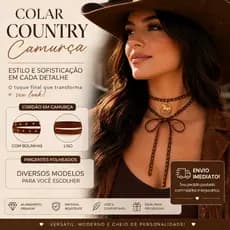 Colar Country Estilo Rodeio com Cordão em Camurça e Pingente Folheado Western Fashion