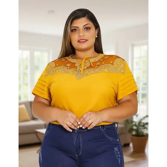Camisa Feminina Manga Curta Plus Size Em Crepe Sku:bp12