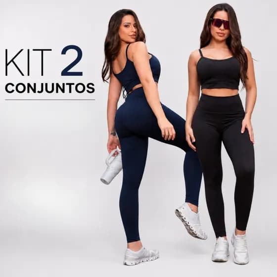 Kit 2 Conjuntos Academia Fitness Feminino Top e Calça Legging Cintura Alta Treino