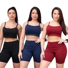 KIT 3 Conjuntos Top Fitness e Short Com Bolso Feminino Academia