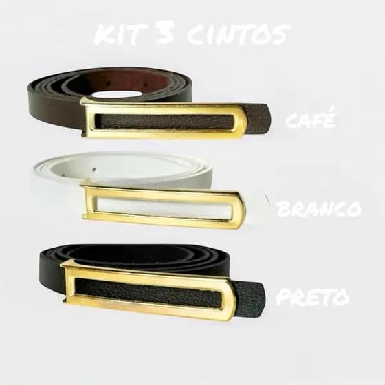 kit 3 Cintos Finos Feminino Casual Elegante com Fivela Dourada