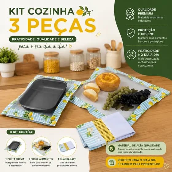 Kit 3 Peças Cozinha Porta Forma, Cobre Alimento e Pano de Prato Barrado Tricoline Moderno Util Decorativo