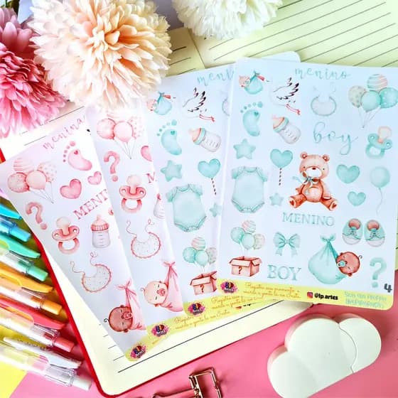 Chá Revelação - Cartela de adesivos em Vinil para bujo, caderno, planner, agenda, álbum, decoração