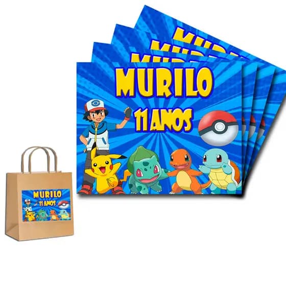 Adesivos Rótulos para Sacolinha Surpresa Tema Pokémon 10cm x 9cm para Lembrancinhas de Festa.