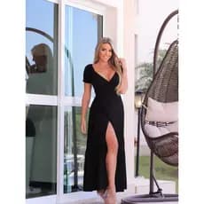 Vestido Longo Envelope Feminino Manga Princesa Com Fenda Viscose Moda Festa Casual P Ao XG Plus Size