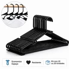 Cabide Preto Antideslizante Resistente Organizador de Armário Guarda-Roupa 10 ou 20 Unidades