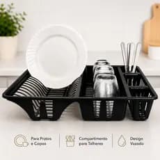 Escorredor de Louças 12 Pratos com Porta Talheres e Copos Plástico Preto Resistente Cozinha