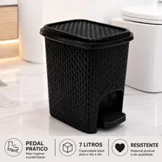 Lixeira Rattan 7L com Pedal e Tampa Arqplast Preta Compacta Resistente para Banheiro e Lavabo