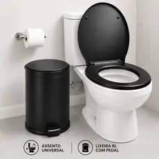 Combo Assento Sanitário Universal e Lixeira 8L com Pedal Resistente para Banheiro  Preto ou Branco