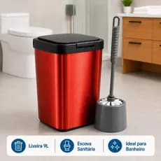 Lixeira 9L Inox Metalizada  + Escova Sanitária Banheiro Organizado Moderno Compacto e Prático
