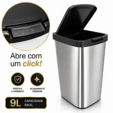 Lixeira Inox Metalizada Prata e Vermelha 9L Tampa Click Banheiro Cozinha Escritório Até 2 Unidades